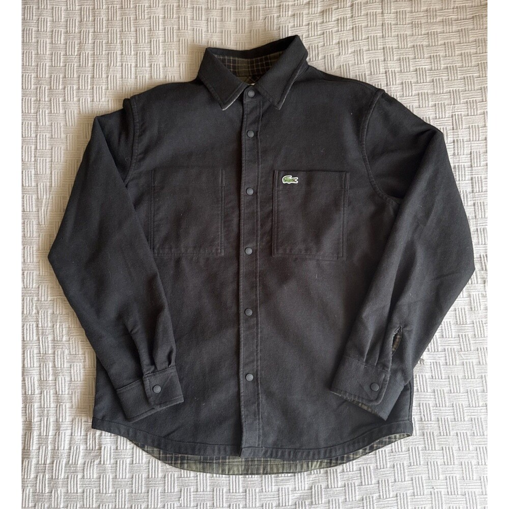 Lacoste Reversible Cotton Flannel Shirt Jacket Black Olive Plaid Shacket Mens M